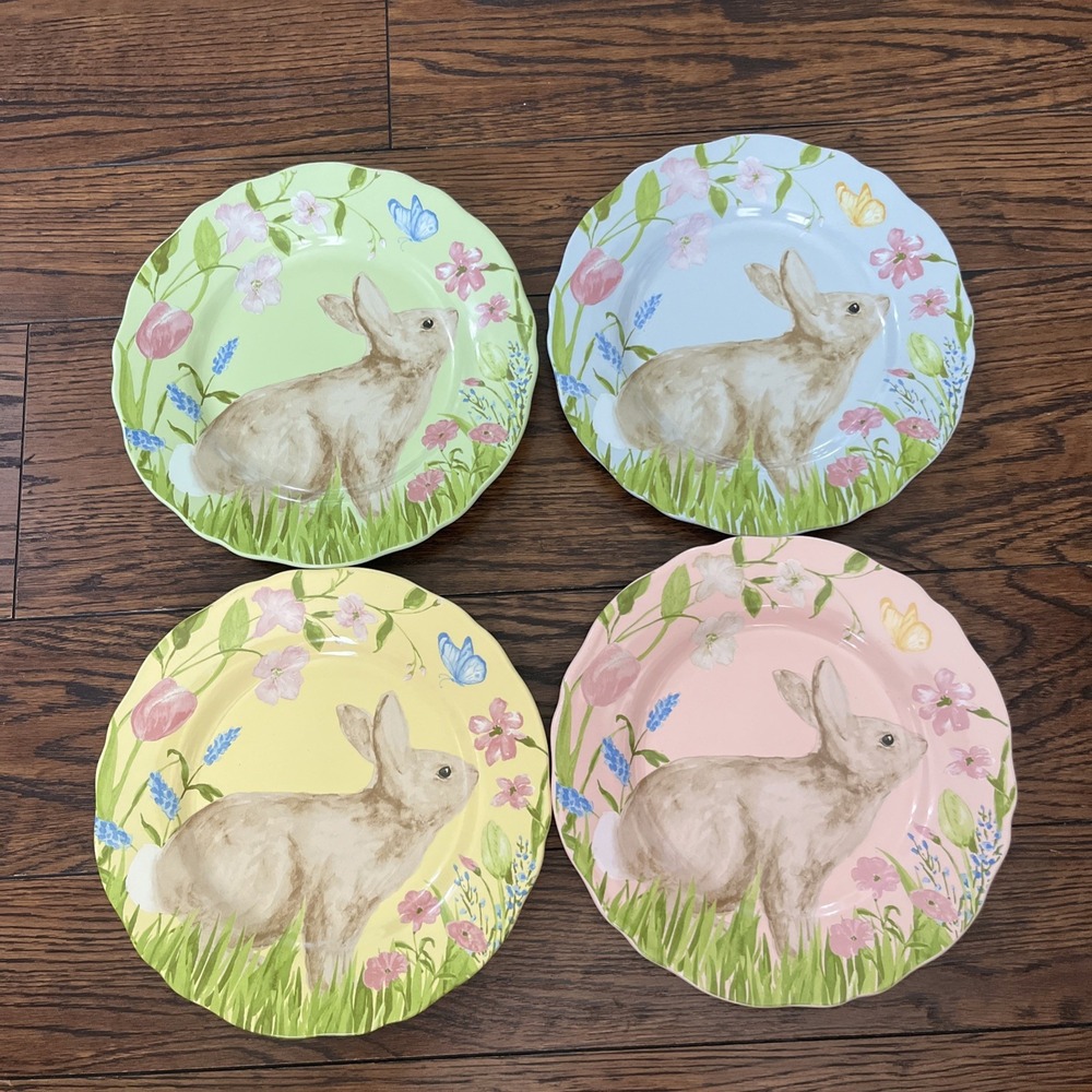 4 Linden Street Easter Bunny Salad Plates Pastel Yellow Green Blue Pink Flowers